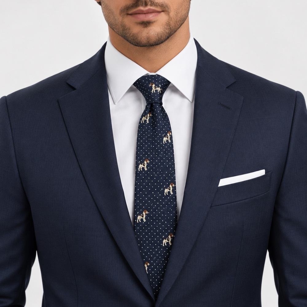 Banana Republic Mens Slim Silk Tie Navy Blue Polka Dot Embroidered Terrier Dog